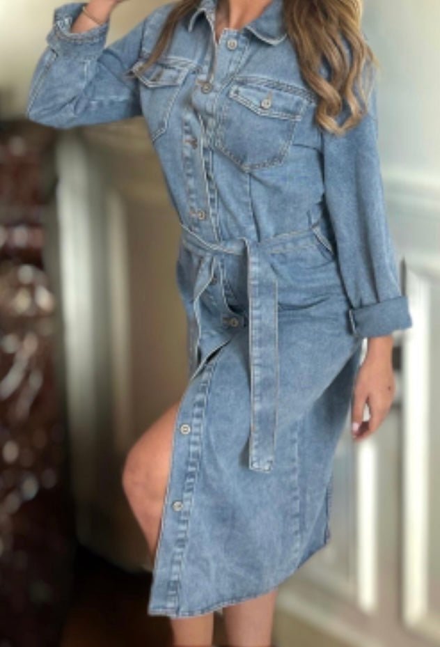 Robe en jean à bouton ceinture à nouer - leyily