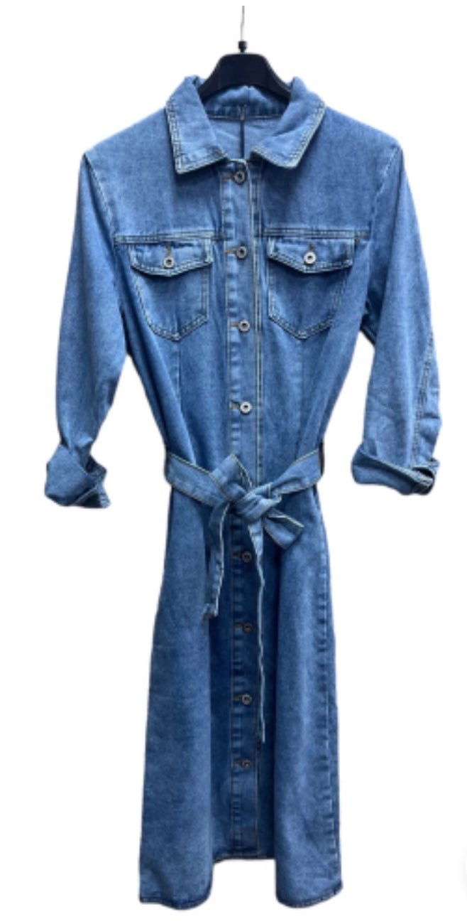 Robe en jean à bouton ceinture à nouer - leyily