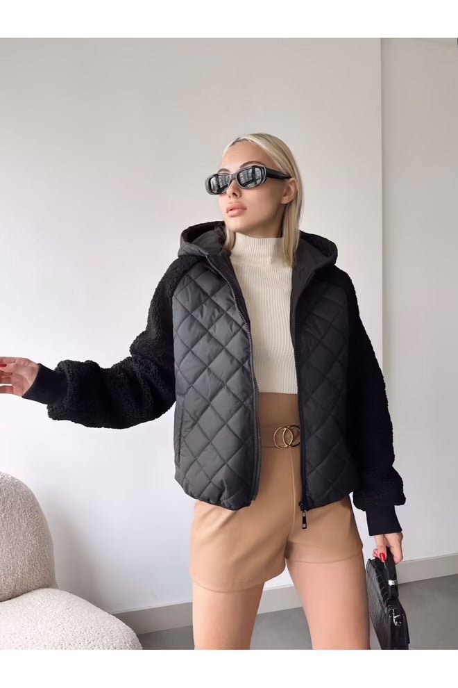 Veste doudoune bi matière à capuche - leyily