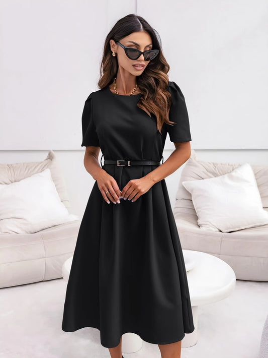 Robe Longue Chic Manches Courtes à Ceinture