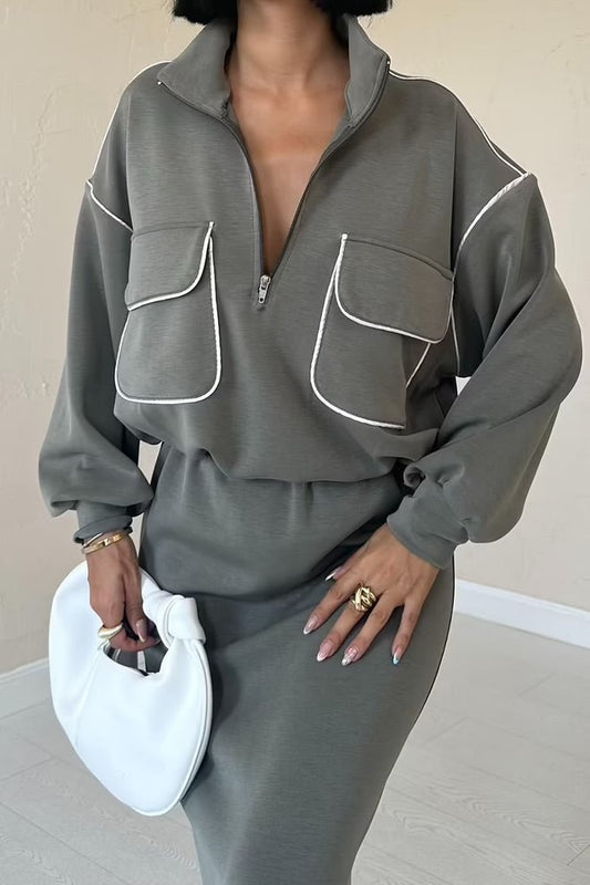 Ensemble sweat-shirt à zip et jupe - leyily