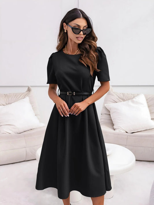 Robe Longue Chic Manches Courtes à Ceinture - leyily