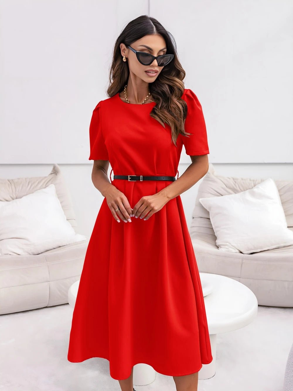 Robe Longue Chic Manches Courtes à Ceinture - leyily